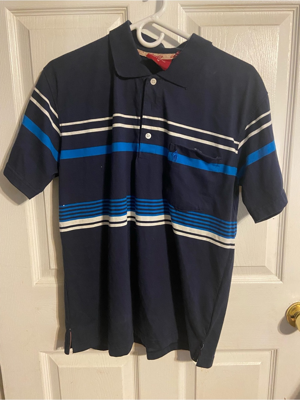 EUC Men’s Lada Polo Striped Golf Shirt Sz M Navy Blue White Striped!